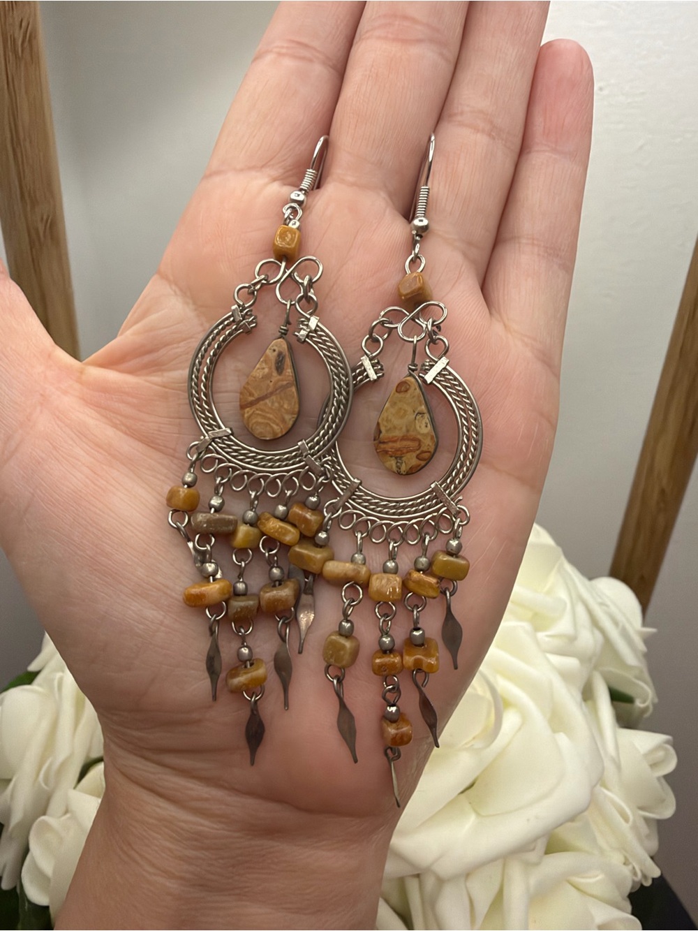 Bohemian Brown Stone Chandelier Earrings - Unbranded